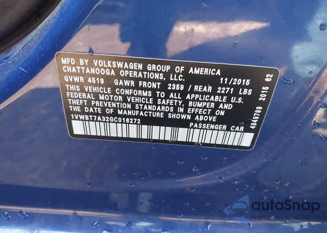 2016 Volkswagen Passat 1.8T Se z USA, uszkodzony, nr VIN 1VWBT7A32GC016272